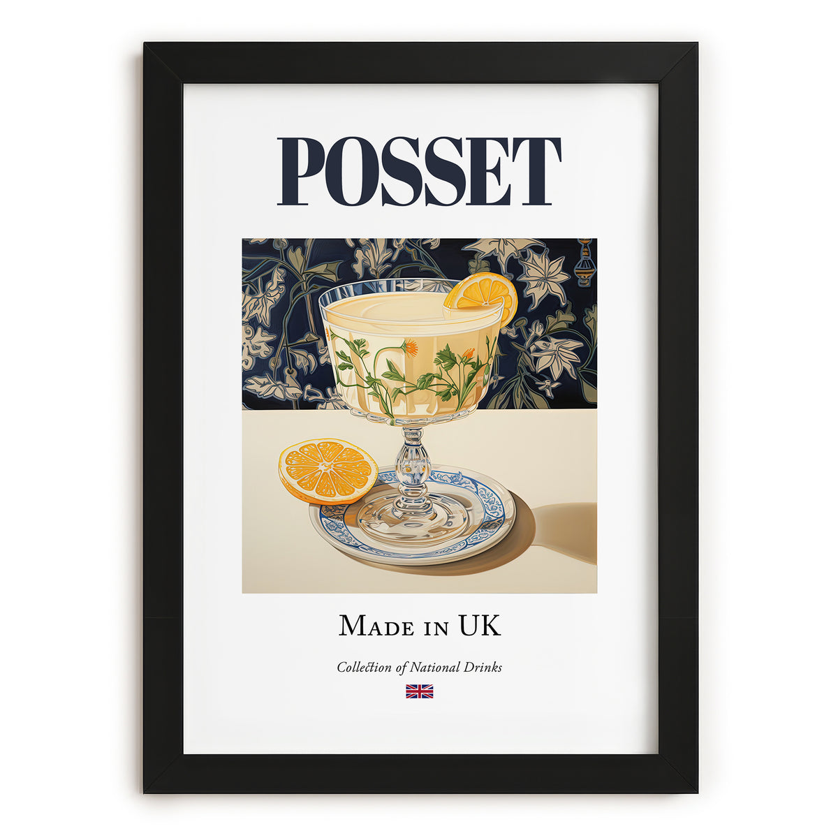 Posset – English Dessert Dish, Bistro Illustration, in sleek black frame