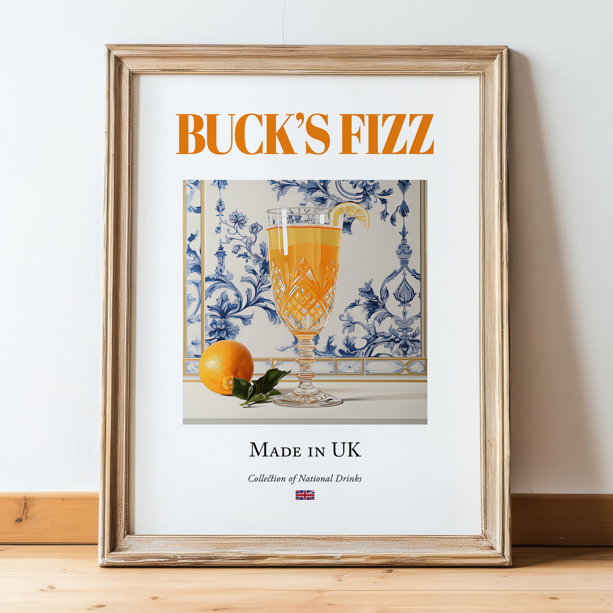 Buck's Fizz – English Cocktail Drink, Rooftop Terrace Wall Art, in wooden frame leaning on the floor