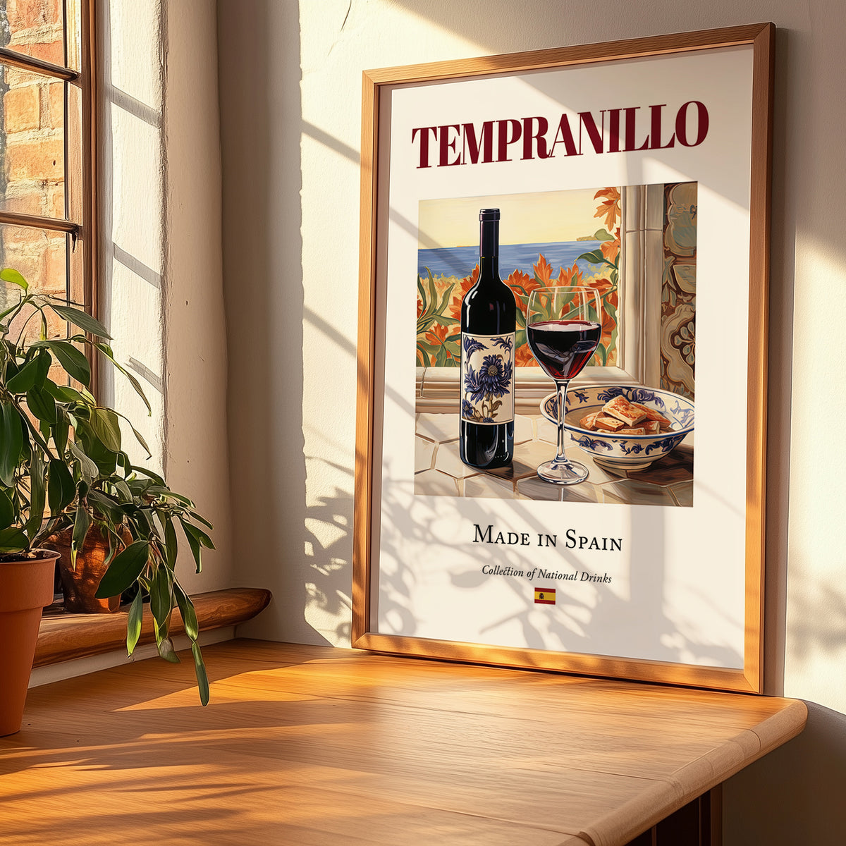 Tempranillo – Spanish Red Wine, Enoteca Illustration, no-text version framed in wood