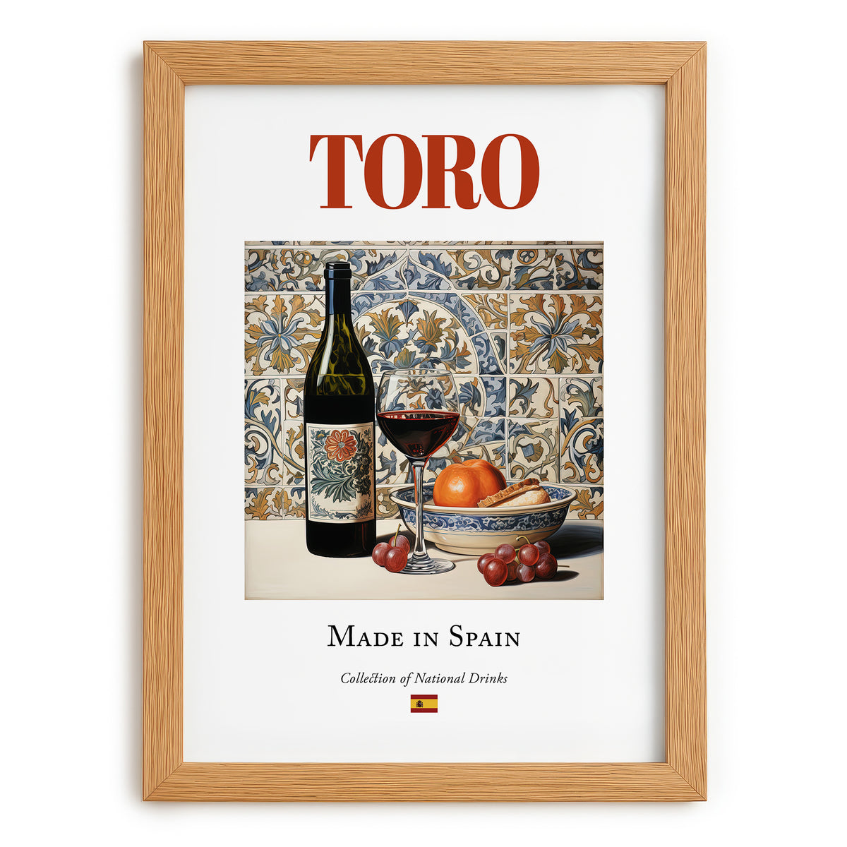 Toro – Spanish Red Wine, Wine Bar Print, set in oak frame