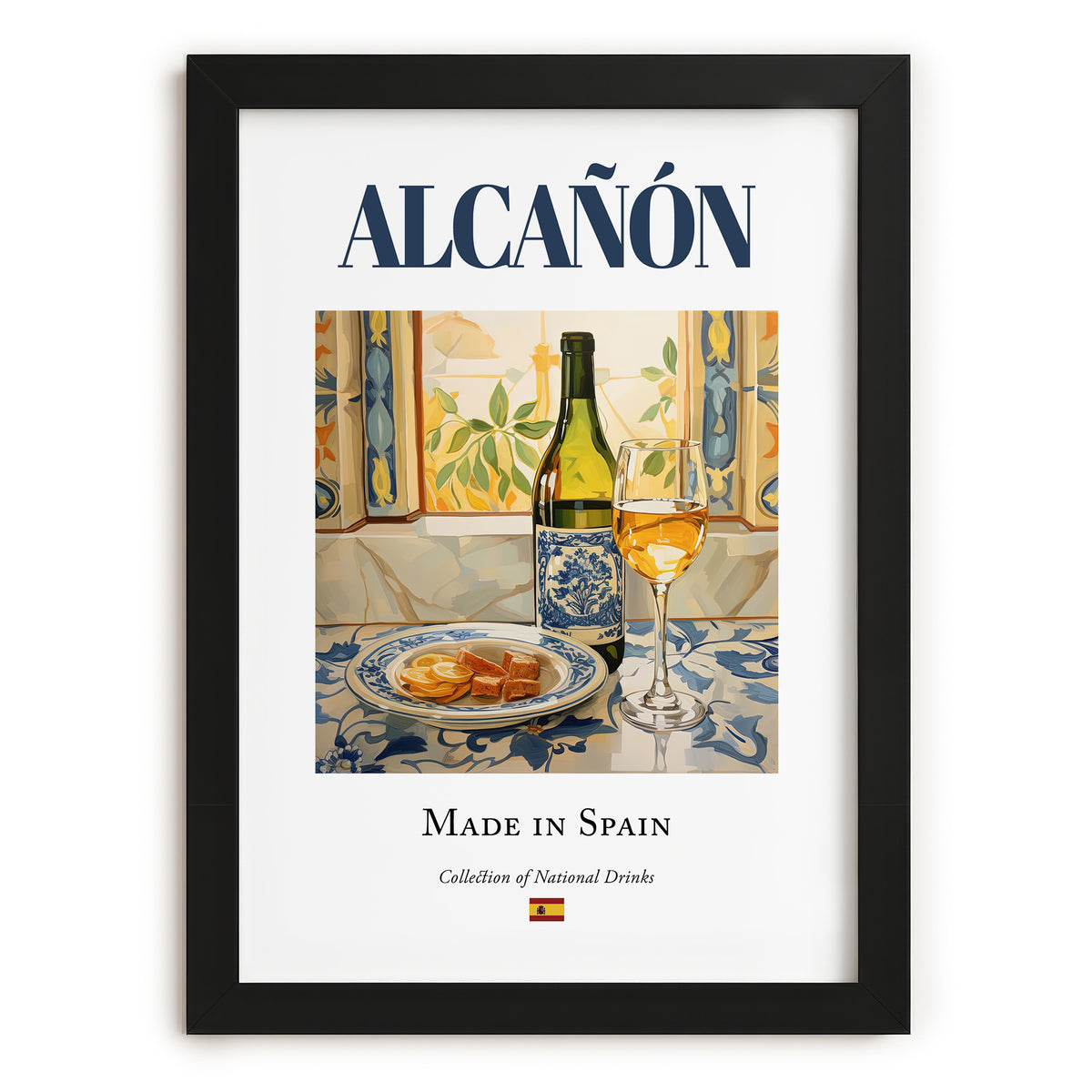 Alcañón – Spanish White Wine, Bodega Wall Art, in sleek black frame