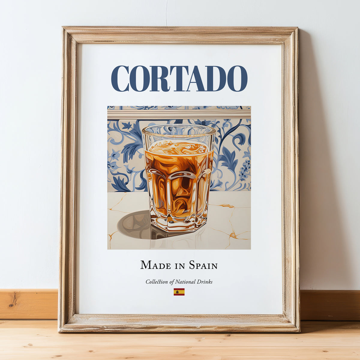 Cortado – Spanish Coffee, Espresso Bar Print, in wooden frame leaning on the floor