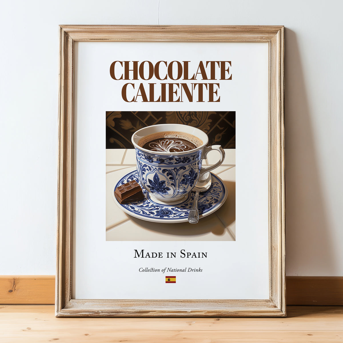 Chocolate caliente – Spanish Beverage Drink, Beach Bar Still Life, in wooden frame leaning on the floor