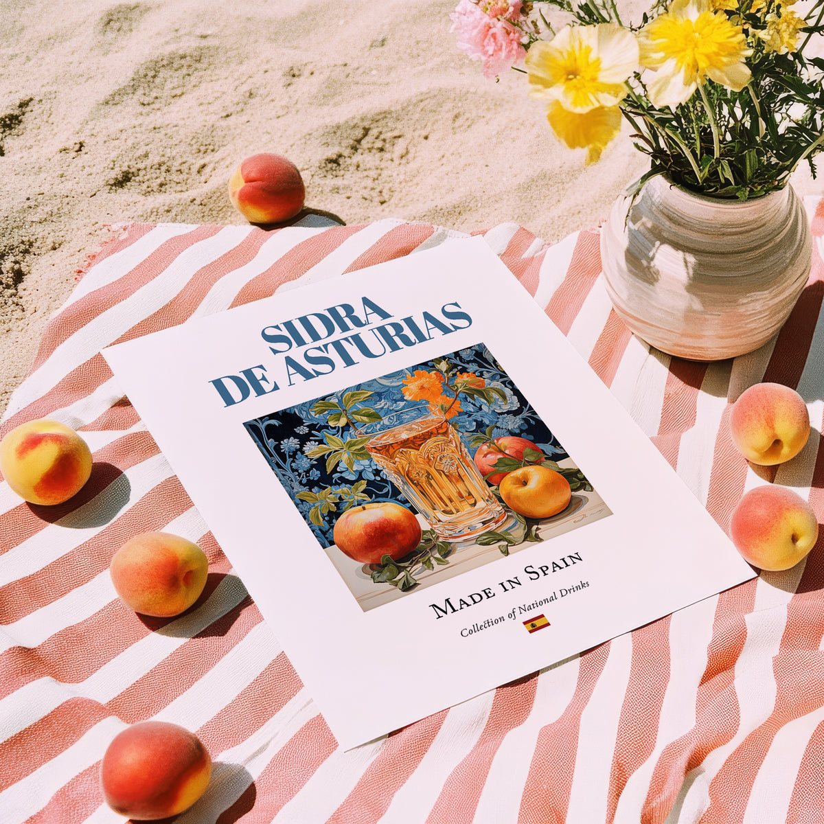 Sidra de Asturias – Spanish Cider Cider, Farmers’ Market Stall Print, unframed on coastal sand
