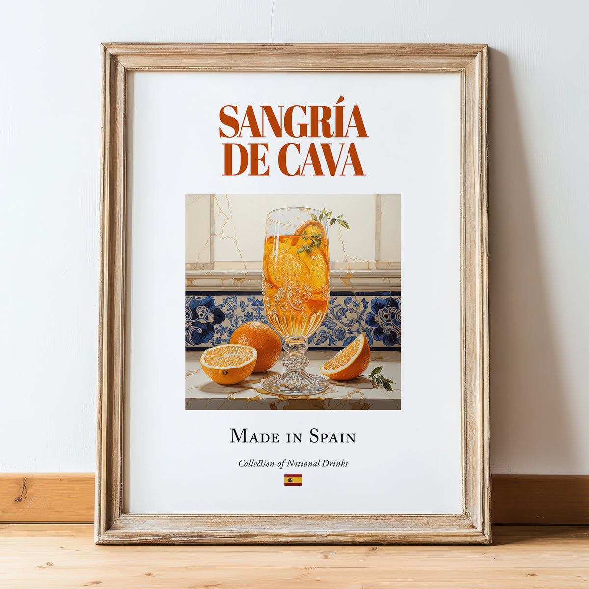 Sangría de Cava – Spanish Cocktail Drink, Beach Bar Painting, in wooden frame leaning on the floor