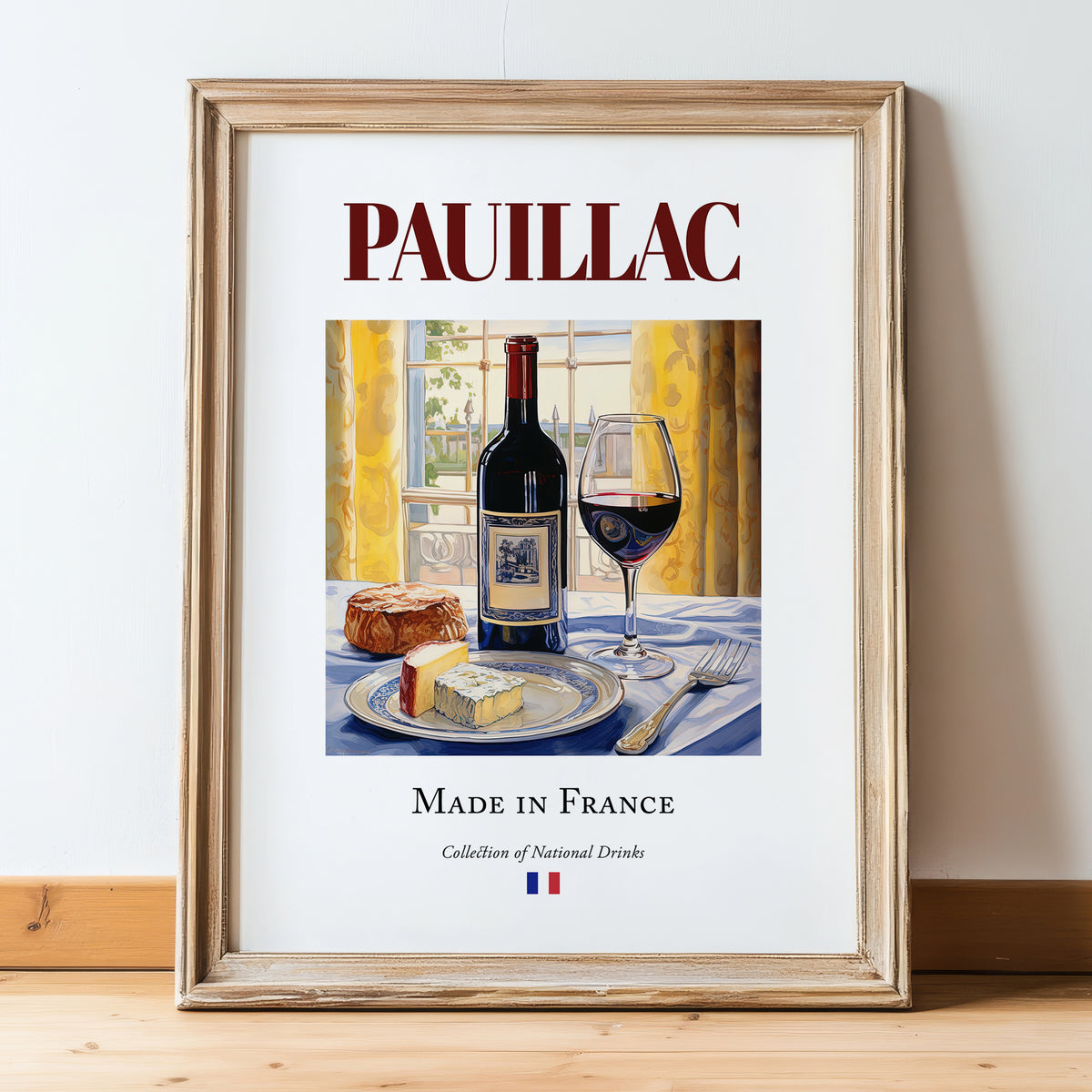 Pauillac – French Red Wine, Wine Bar Wall Decor, in wooden frame leaning on the floor