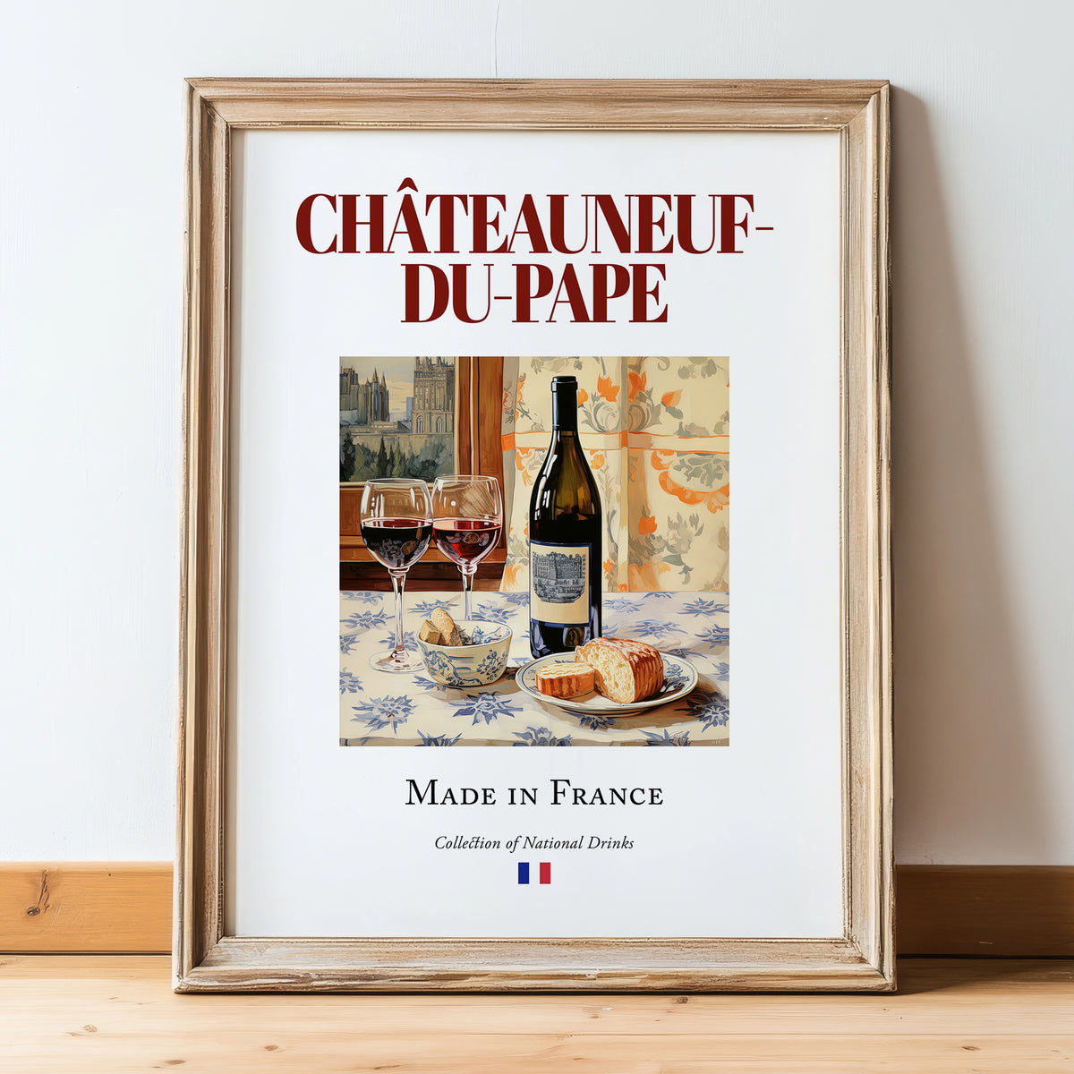 Châteauneuf-du-Pape – French Red Wine, Vinoteca Wall Decor, in wooden frame leaning on the floor