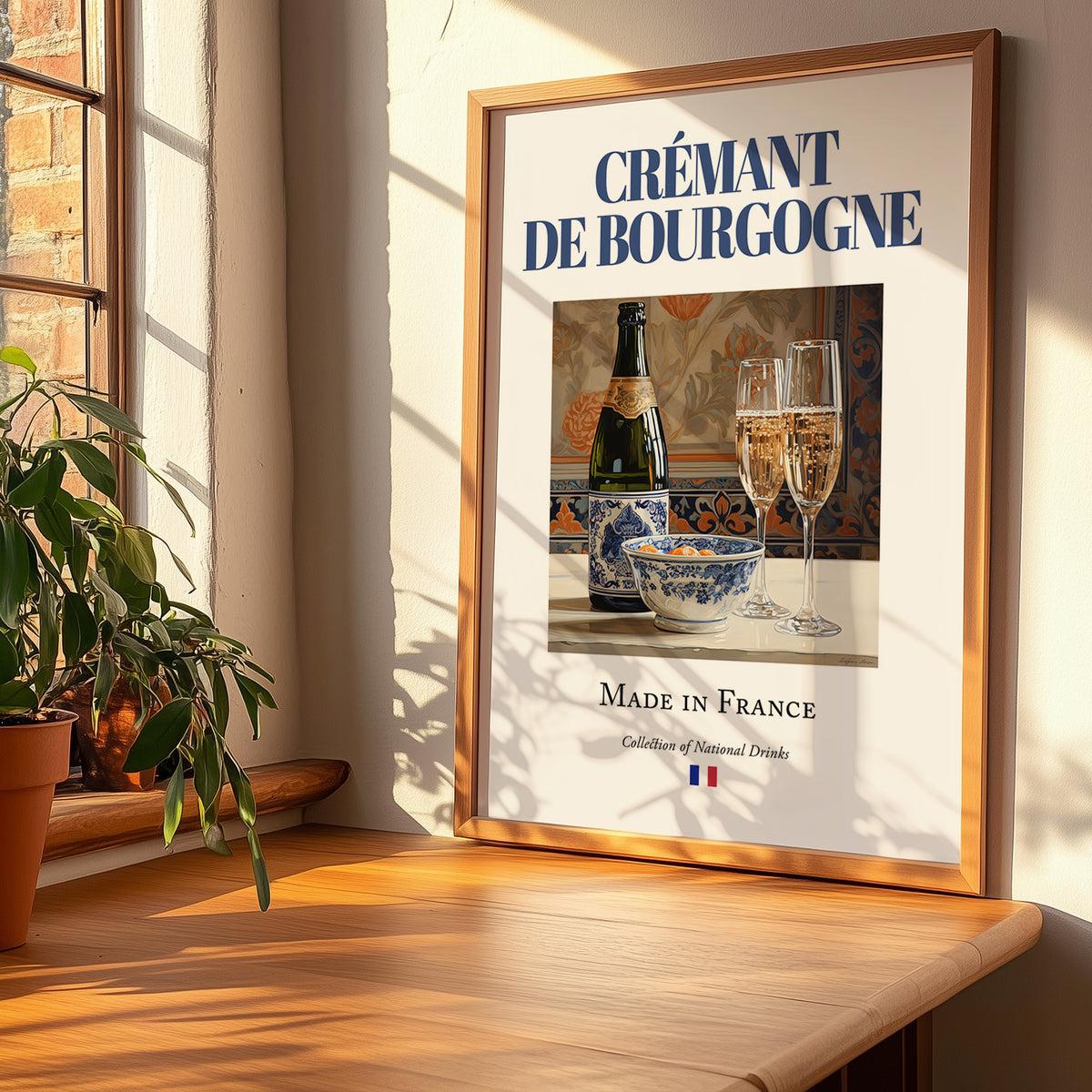 Crémant de Bourgogne – French Sparkling Wine, Wine Bar Poster, no-text version framed in wood