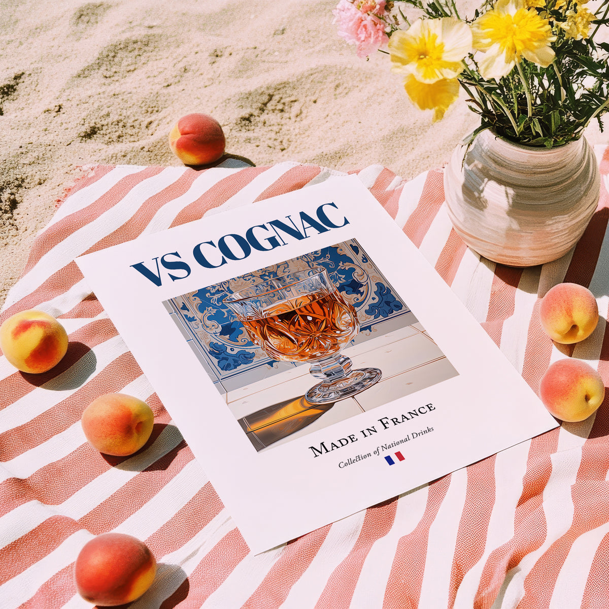 VS Cognac – French Spirit Drink, Hotel Lobby Poster, unframed on coastal sand