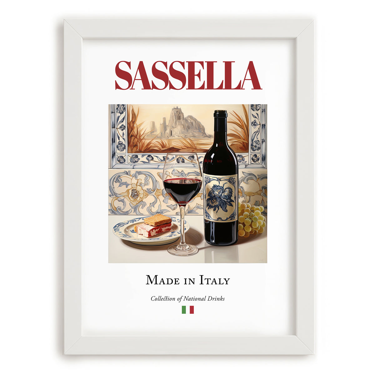 Sassella – Italian Red Wine, Vinoteca Still Life, placed in minimal white frame