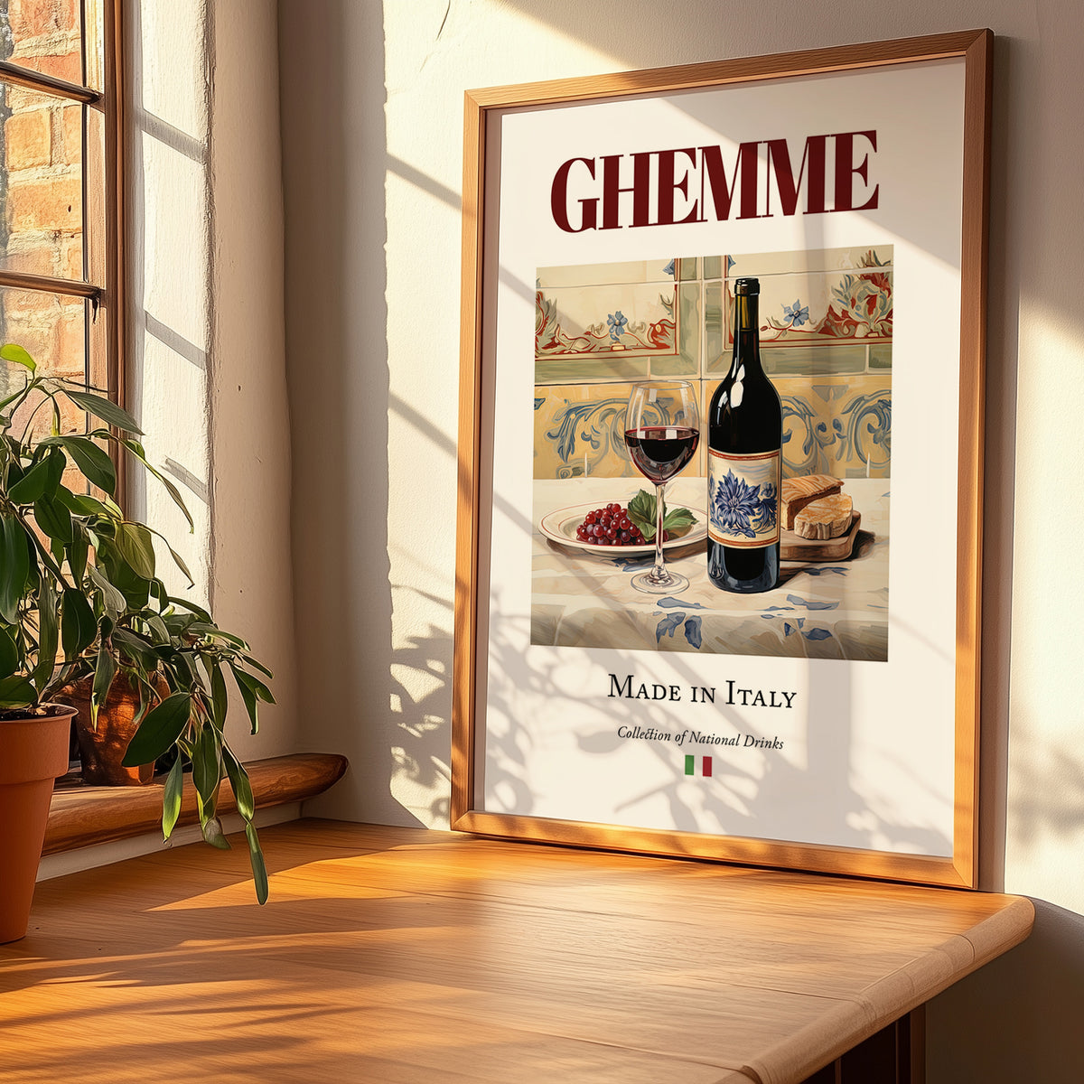 Ghemme – Italian Red Wine, Enoteca Painting, no-text version framed in wood