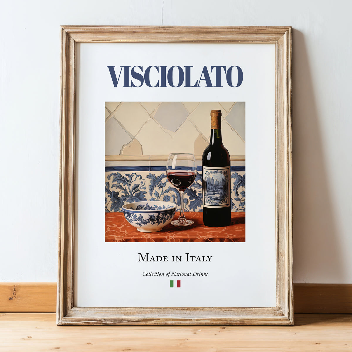 Visciolato – Italian Red Wine, Vinoteca Poster, in wooden frame leaning on the floor