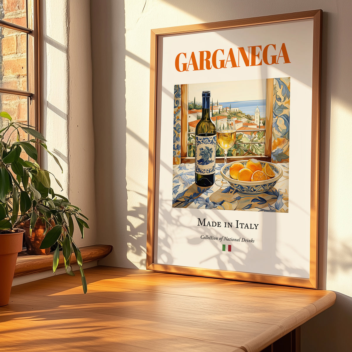 Garganega – Italian White Wine, Tasting Room Poster, no-text version framed in wood