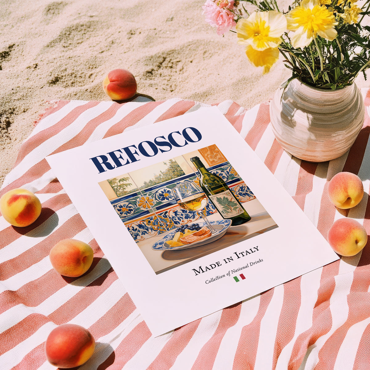 Refosco – Italian Red Wine, Wine Bar Still Life, unframed on coastal sand