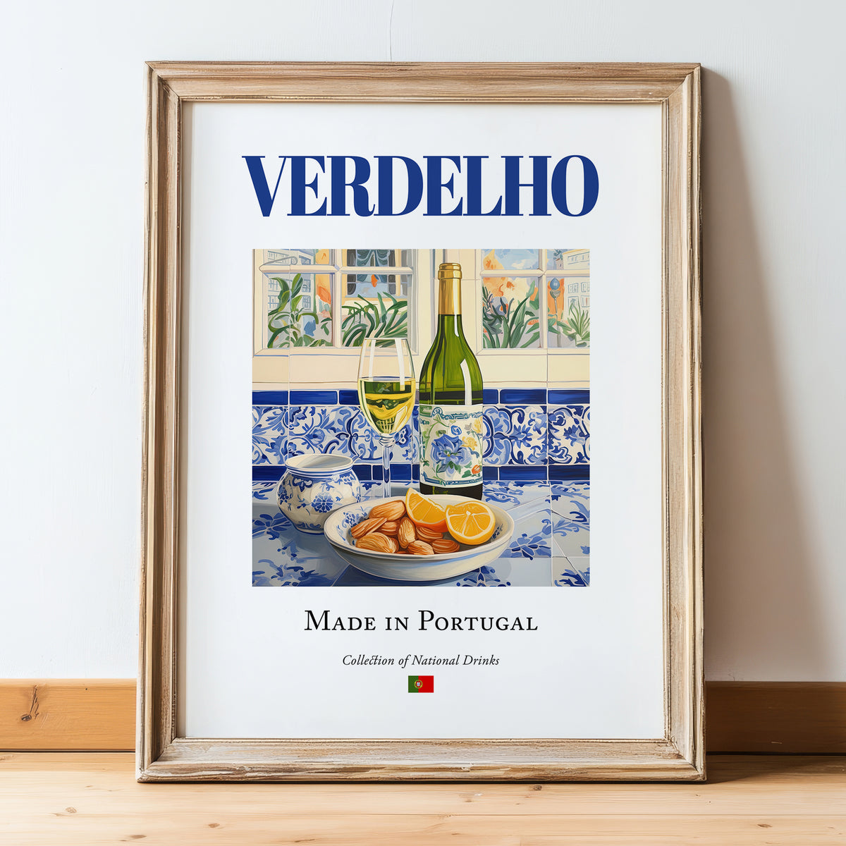 Verdelho – Portuguese White Wine, Vinoteca Illustration, in wooden frame leaning on the floor