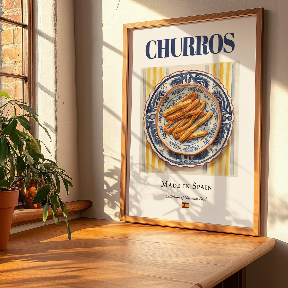 Churros – Spanish Dessert Dish, Farmhouse Kitchen Poster, no-text version framed in wood