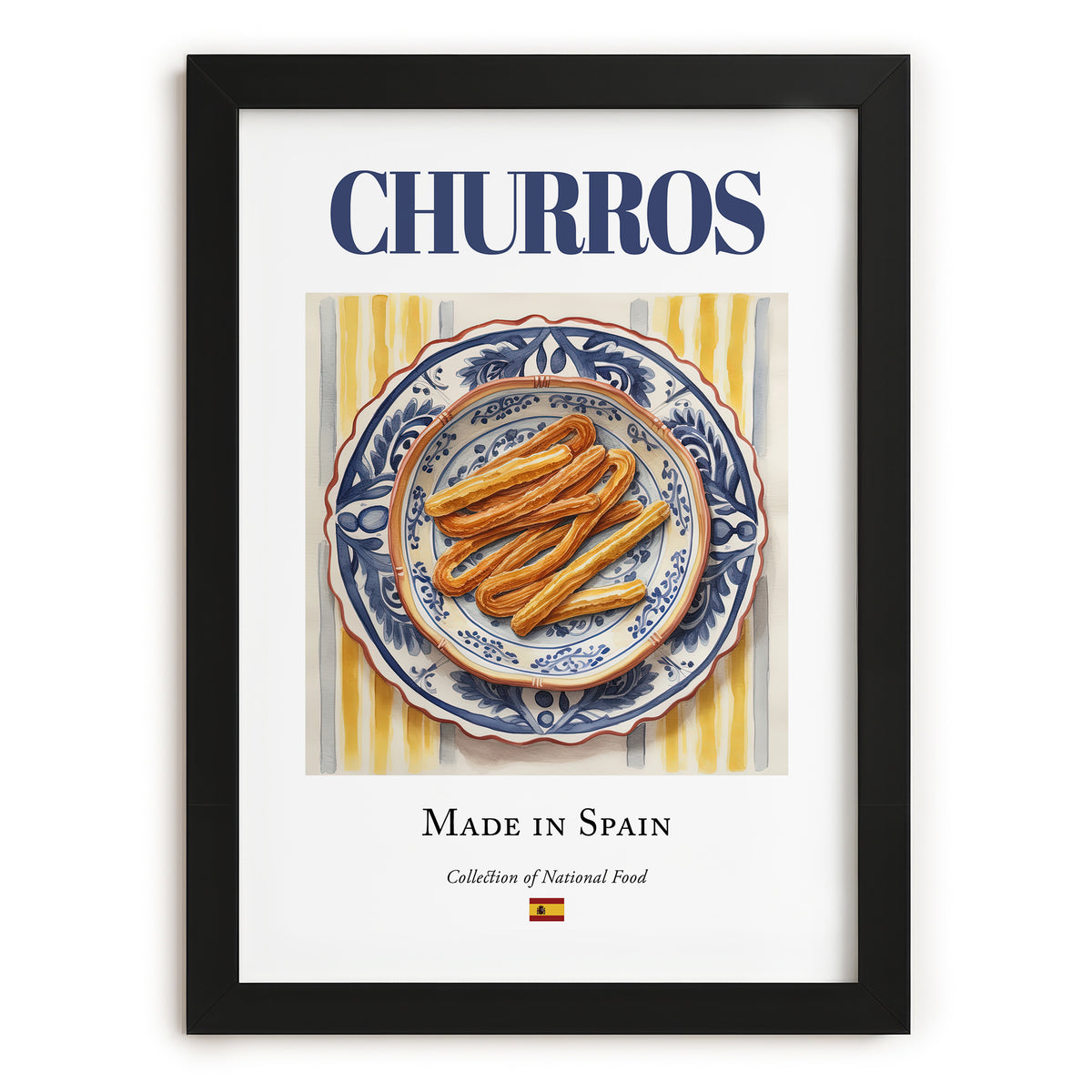 Churros – Spanish Dessert Dish, Farmhouse Kitchen Poster, in sleek black frame