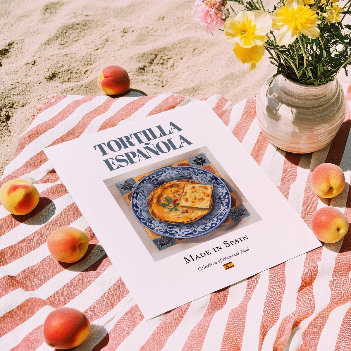Tortilla Española (Spanish Omelette) – Spanish Dish, Bistro Illustration, unframed on coastal sand