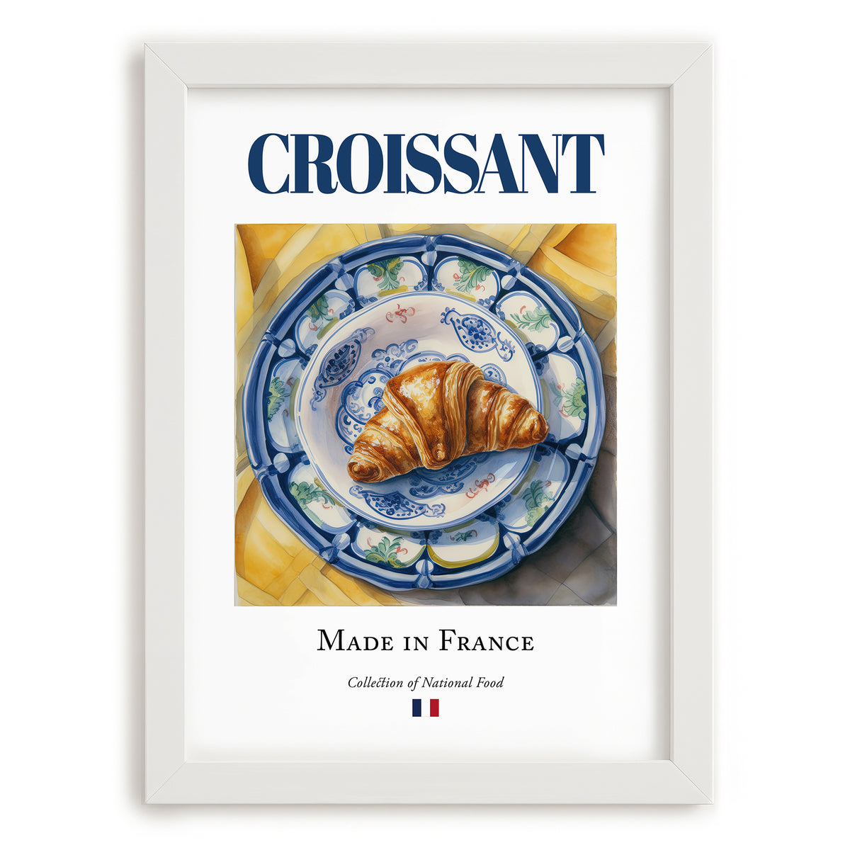 Croissant – French Bread Dish, Farmhouse Kitchen Wall Art, placed in minimal white frame