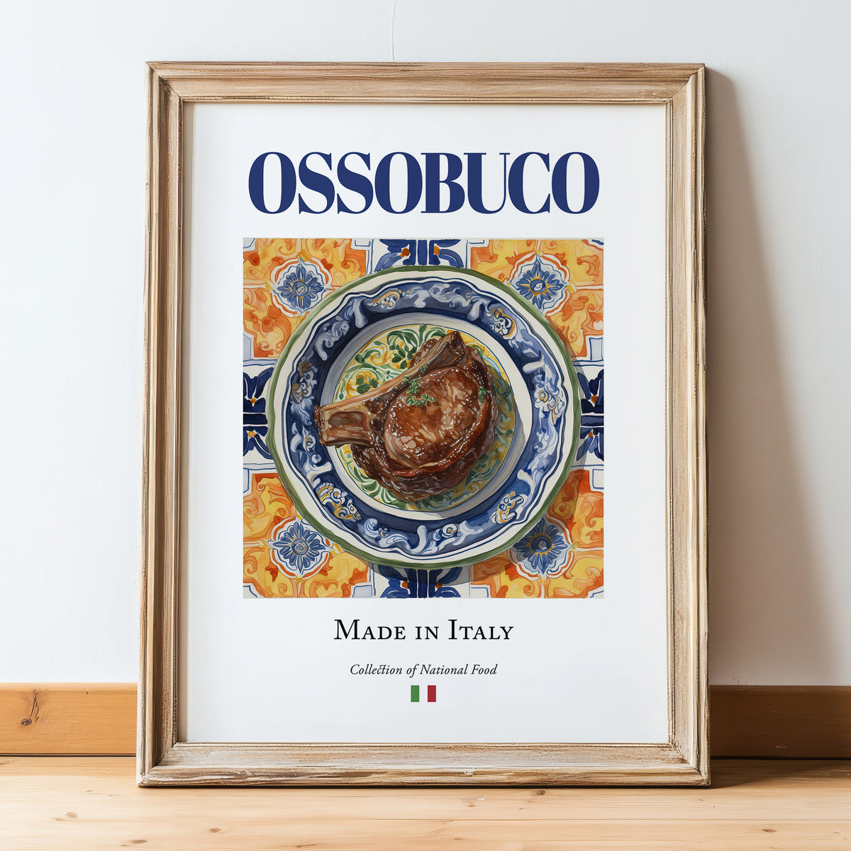 Ossobuco – Italian Meat Dish, Tavern Illustration, in wooden frame leaning on the floor