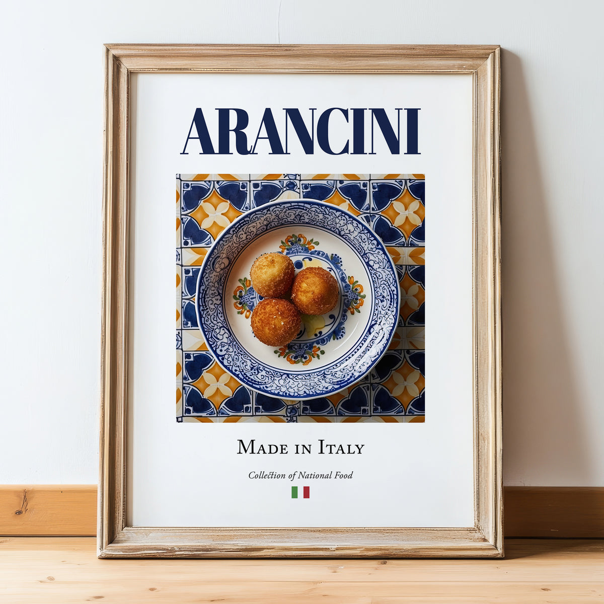 Arancini – Italian Snack Dish, Farmhouse Kitchen Poster, in wooden frame leaning on the floor