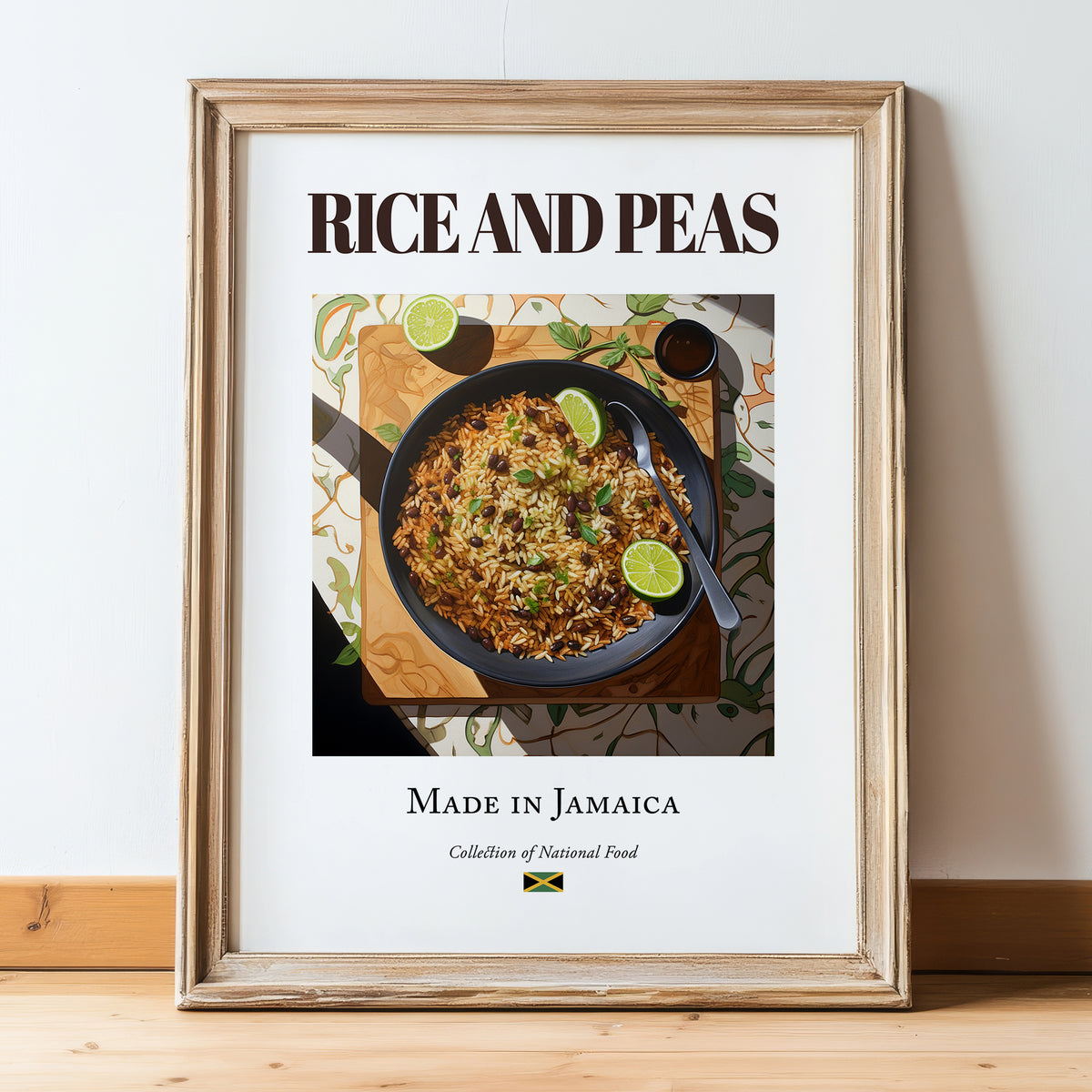 Rice and Peas – Jamaican Rice Dish, Food Bar Still Life, in wooden frame leaning on the floor
