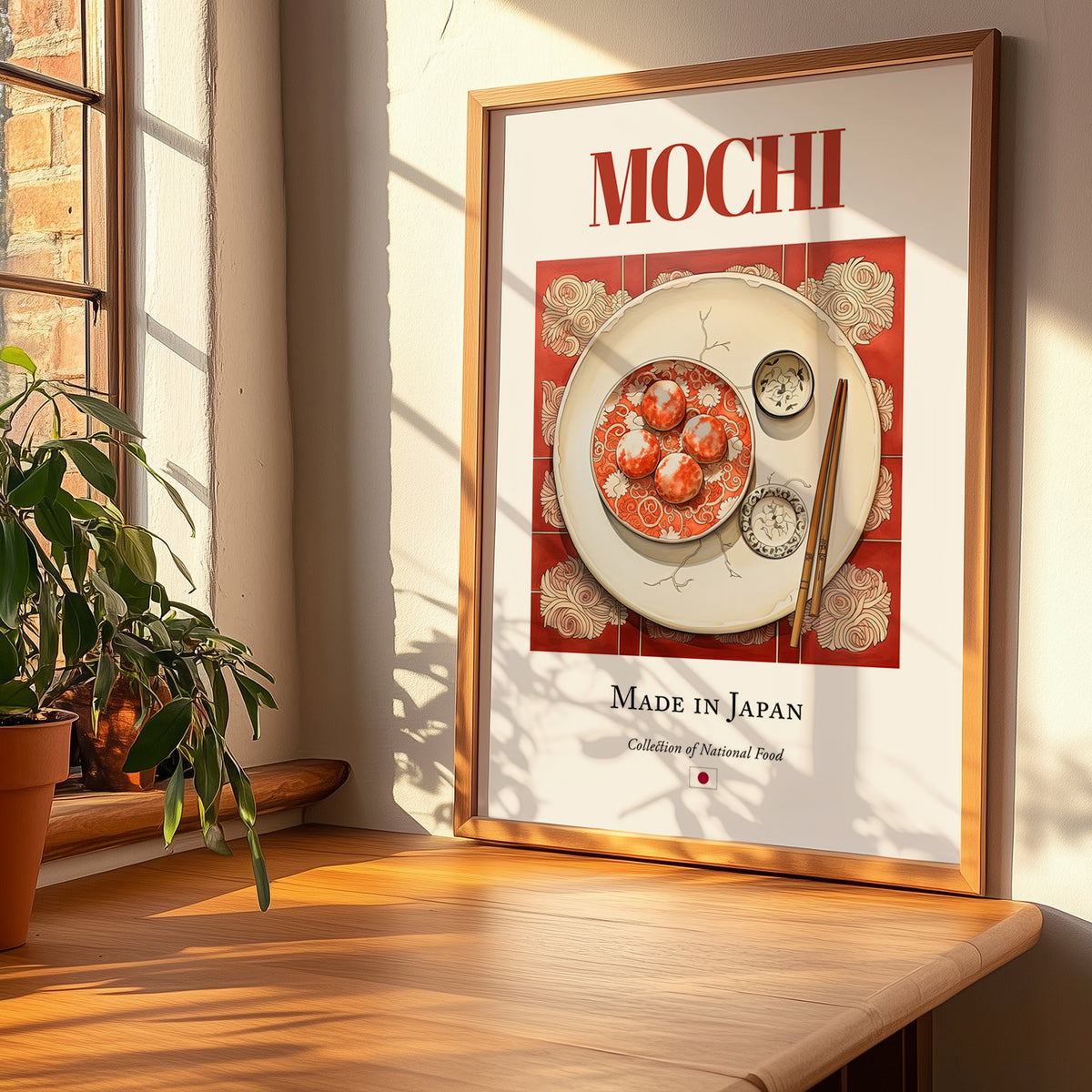Mochi – Japanese Dessert Dish, Restaurant Art, no-text version framed in wood