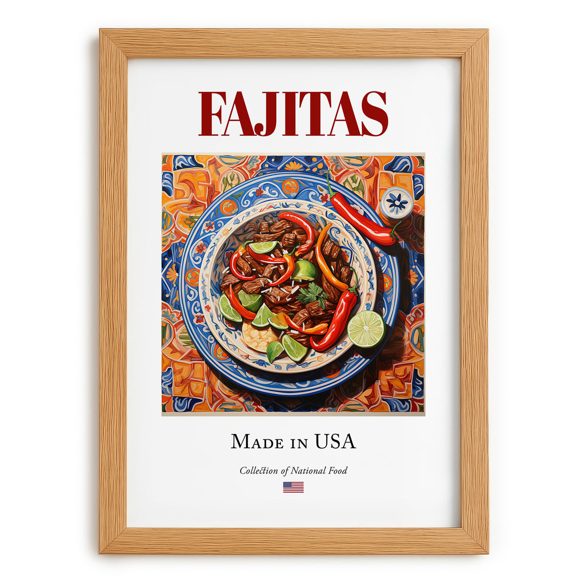 Fajitas – American Dish, Brasserie Print, set in oak frame