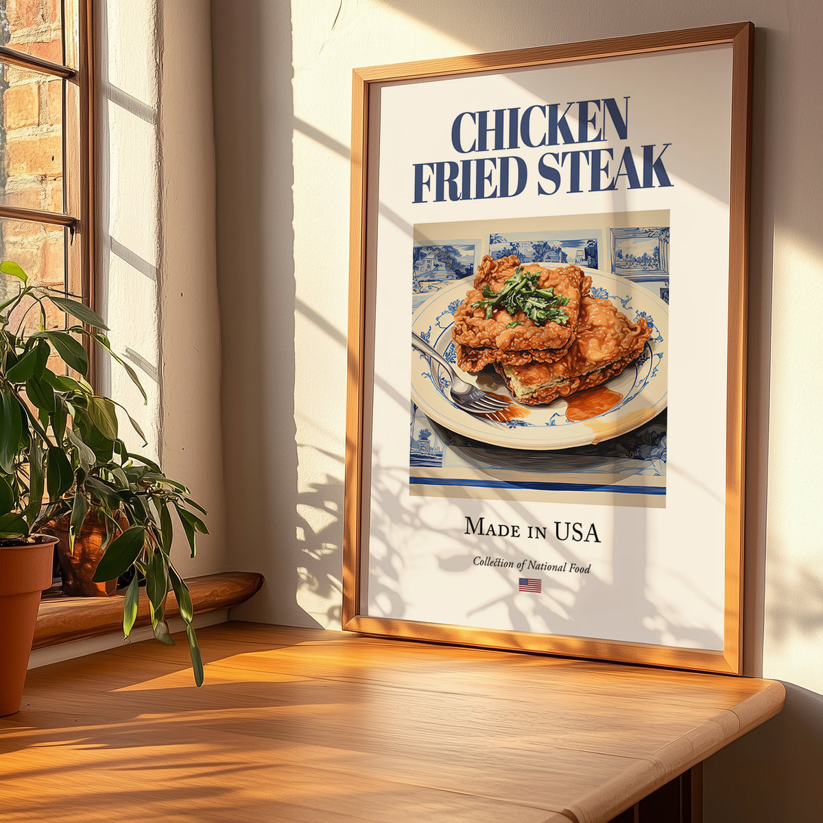 Chicken Fried Steak – American Meat Dish, Bistro Print, no-text version framed in wood