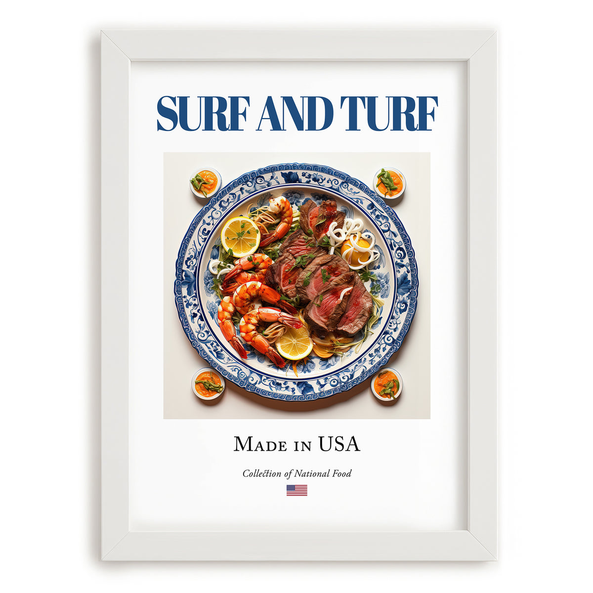 Surf and Turf – American Meat Dish, Tavern Wall Decor, placed in minimal white frame