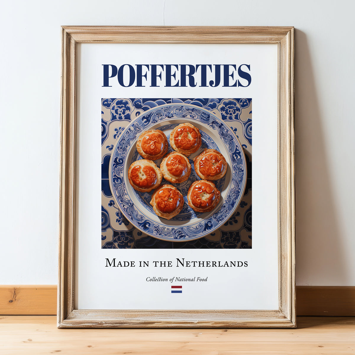 Poffertjes – Dutch Dessert Dish, Bistro Poster, in wooden frame leaning on the floor