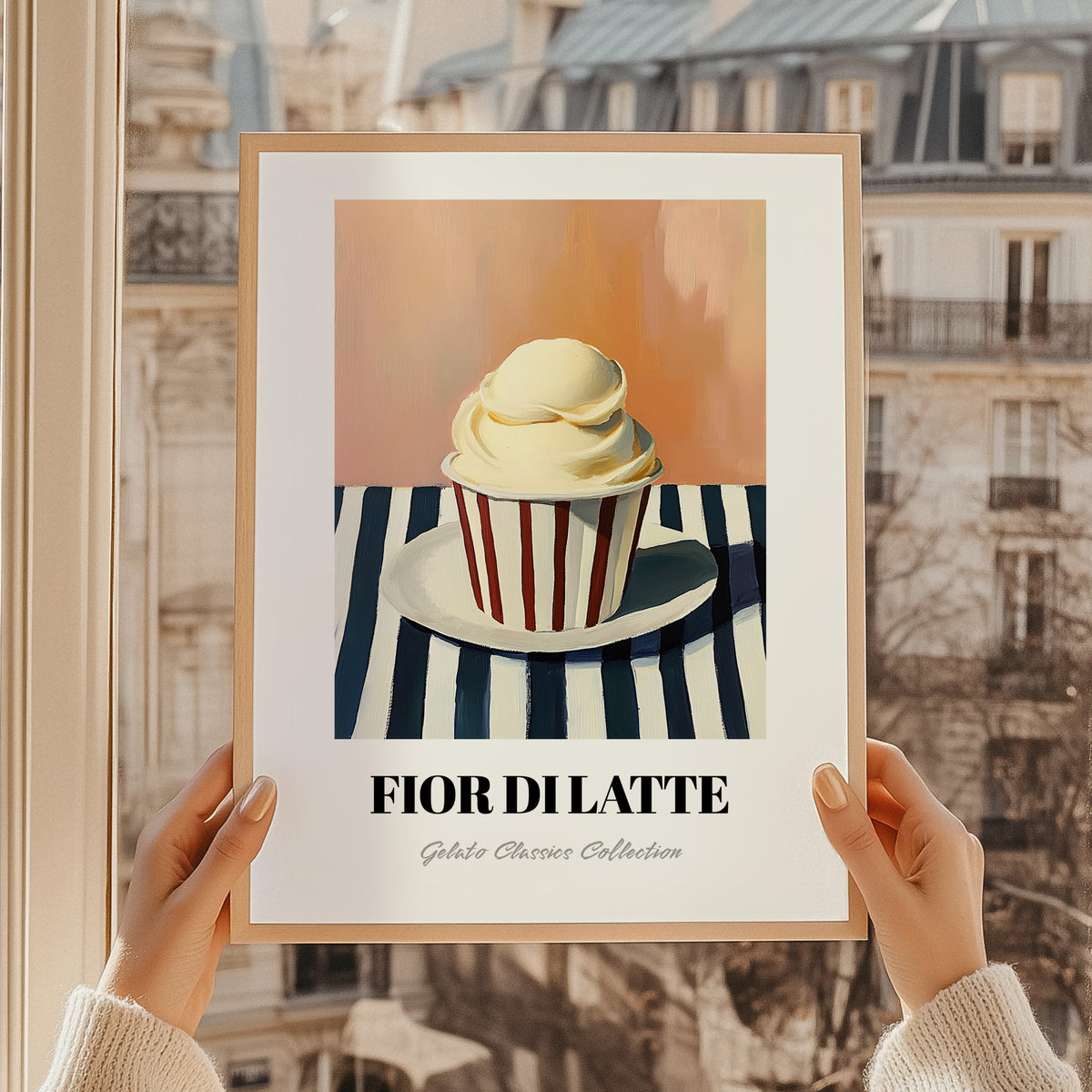 Fior Di Latte – on Striped Tablecloth, Gelato Illustration, styled in a charming Paris street view