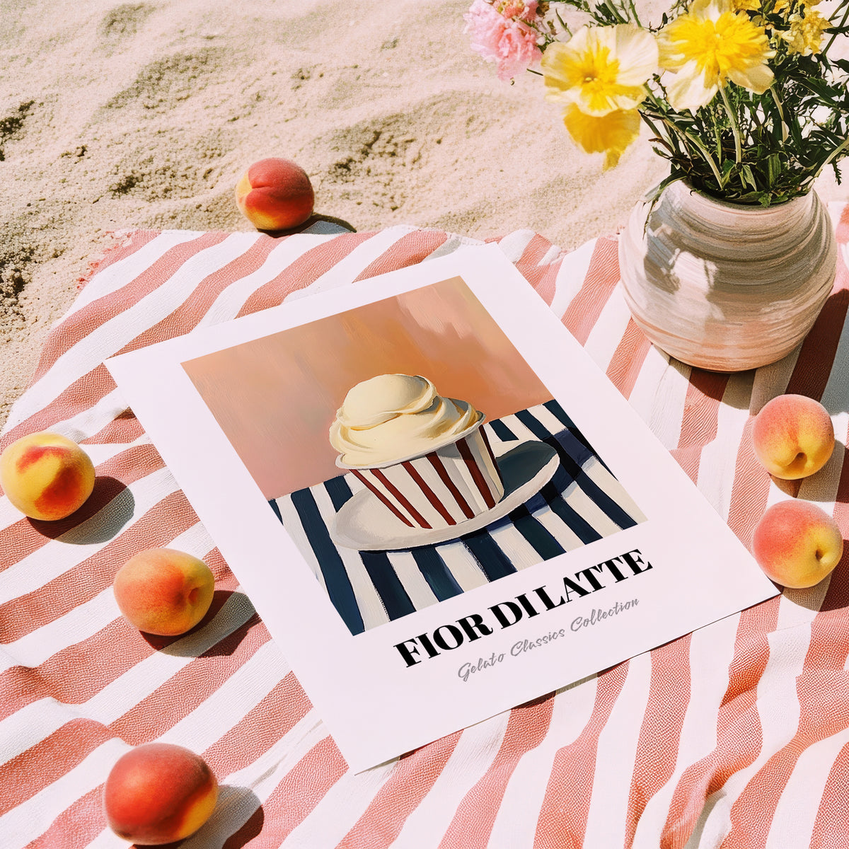 Fior Di Latte – on Striped Tablecloth, Gelato Illustration, unframed on coastal sand