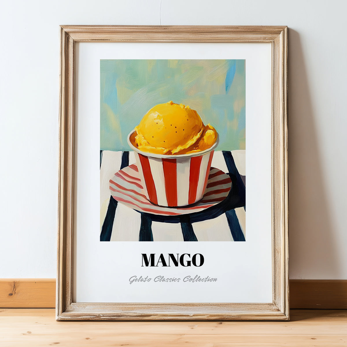 Mango – on Striped Tablecloth, Gelato Wall Poster, in wooden frame leaning on the floor