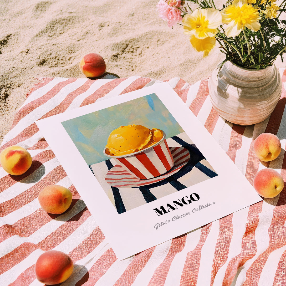 Mango – on Striped Tablecloth, Gelato Wall Poster, unframed on coastal sand