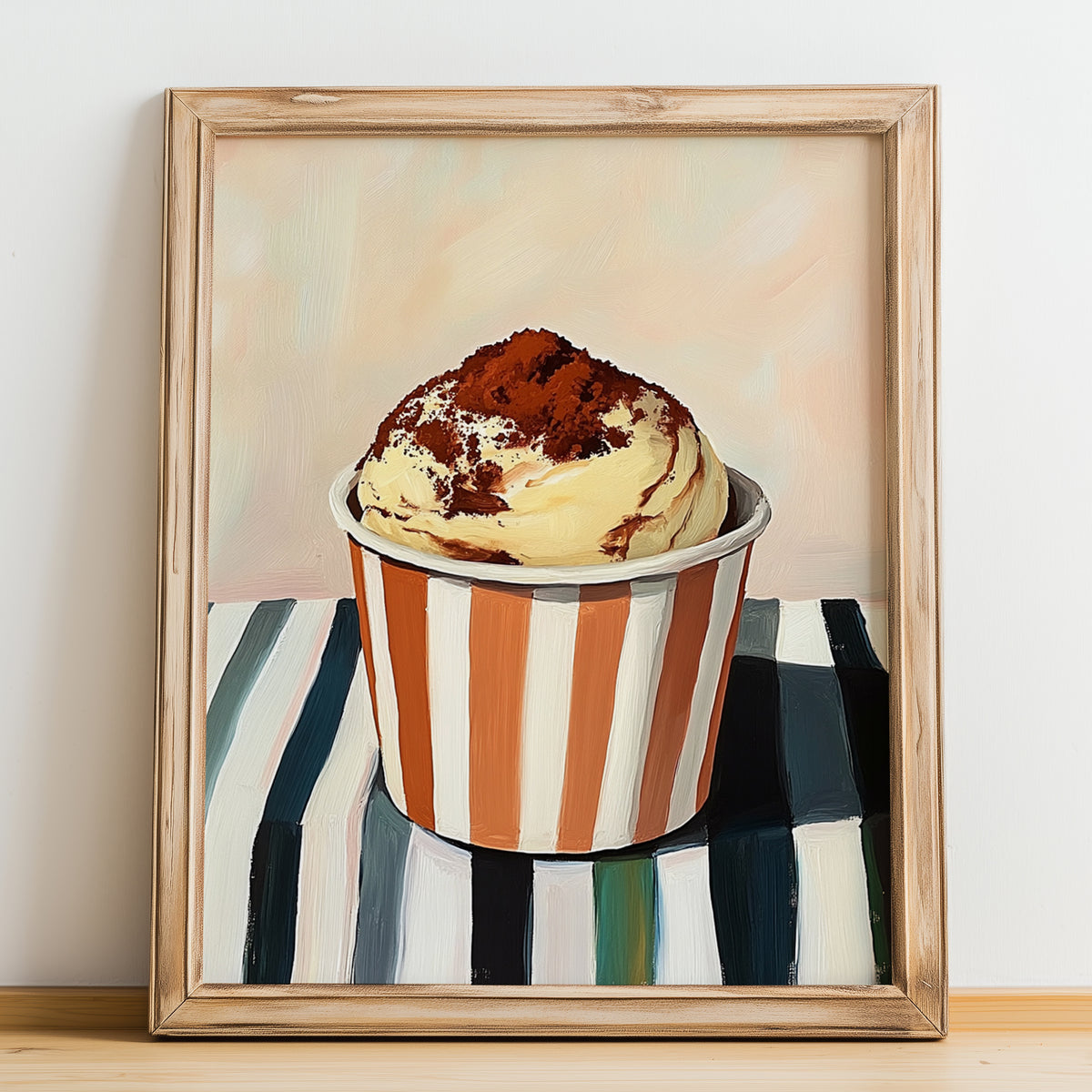 Tiramisu – on Striped Tablecloth, Gelato Wall Decor, no-text version framed in wood