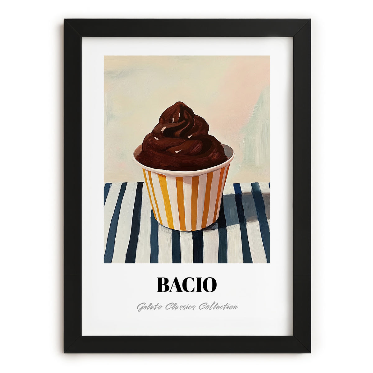 Bacio – on Striped Tablecloth, Gelato Painting, in sleek black frame