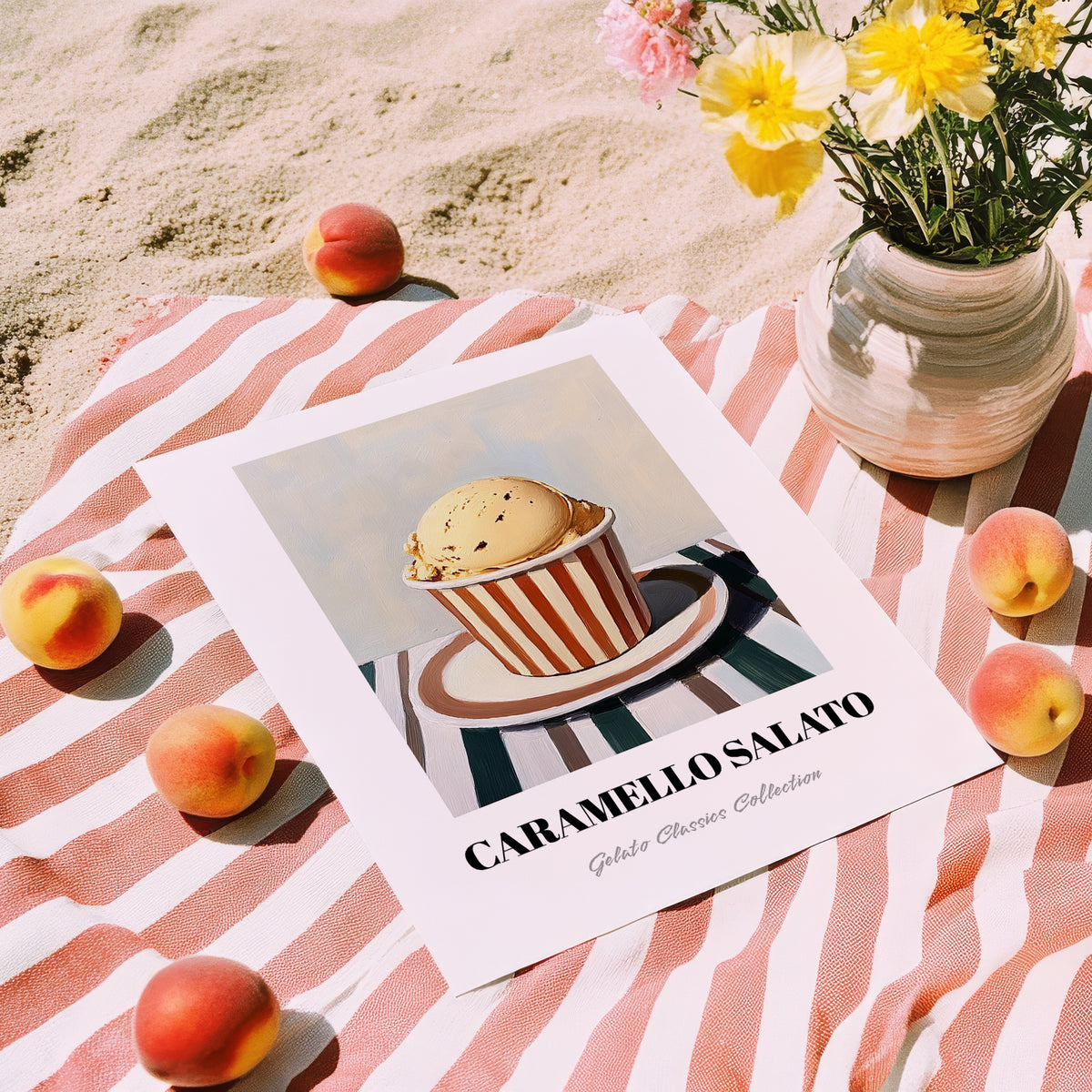 Caramello Salato – on Striped Tablecloth, Gelato Still Life, unframed on coastal sand