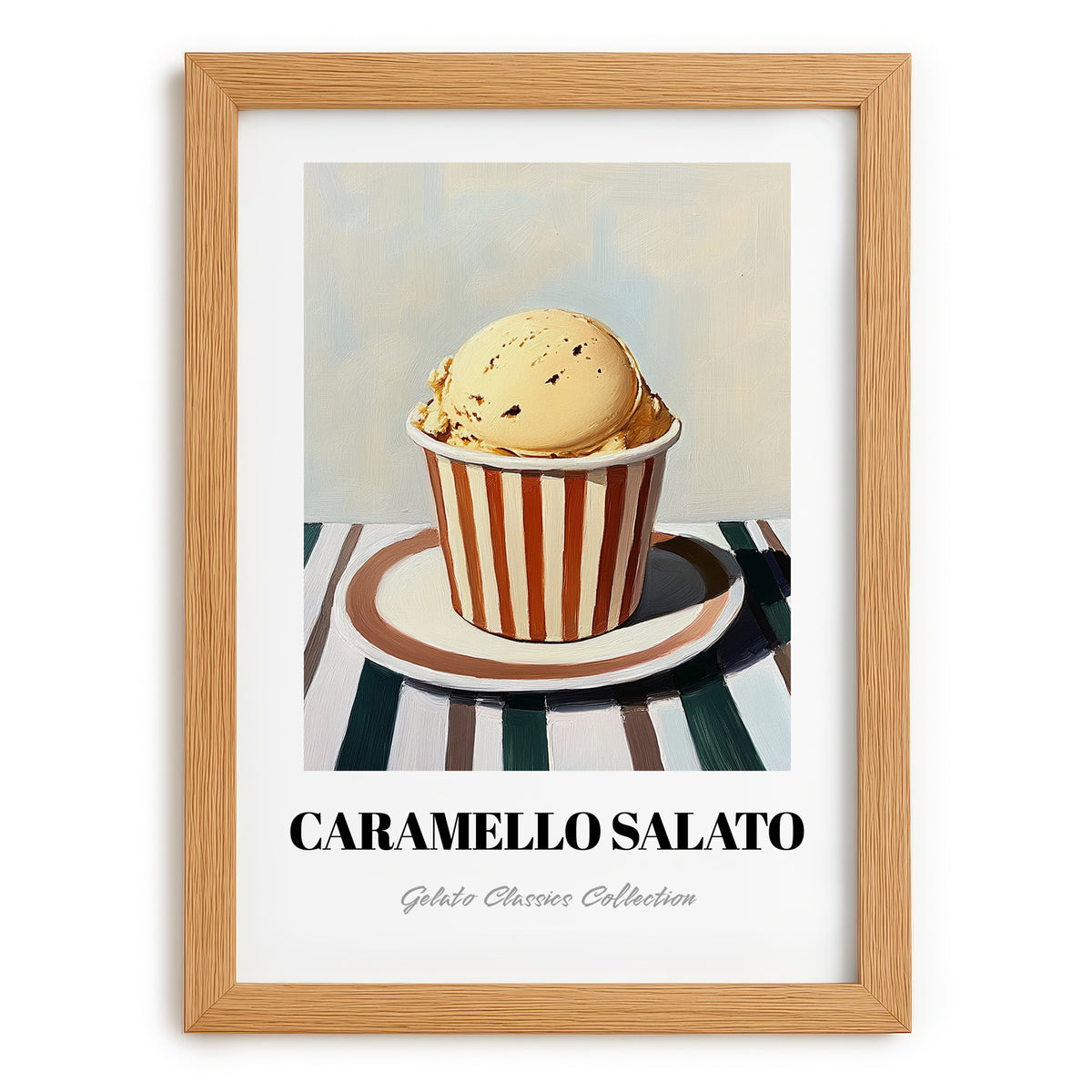 Caramello Salato – on Striped Tablecloth, Gelato Still Life, set in oak frame