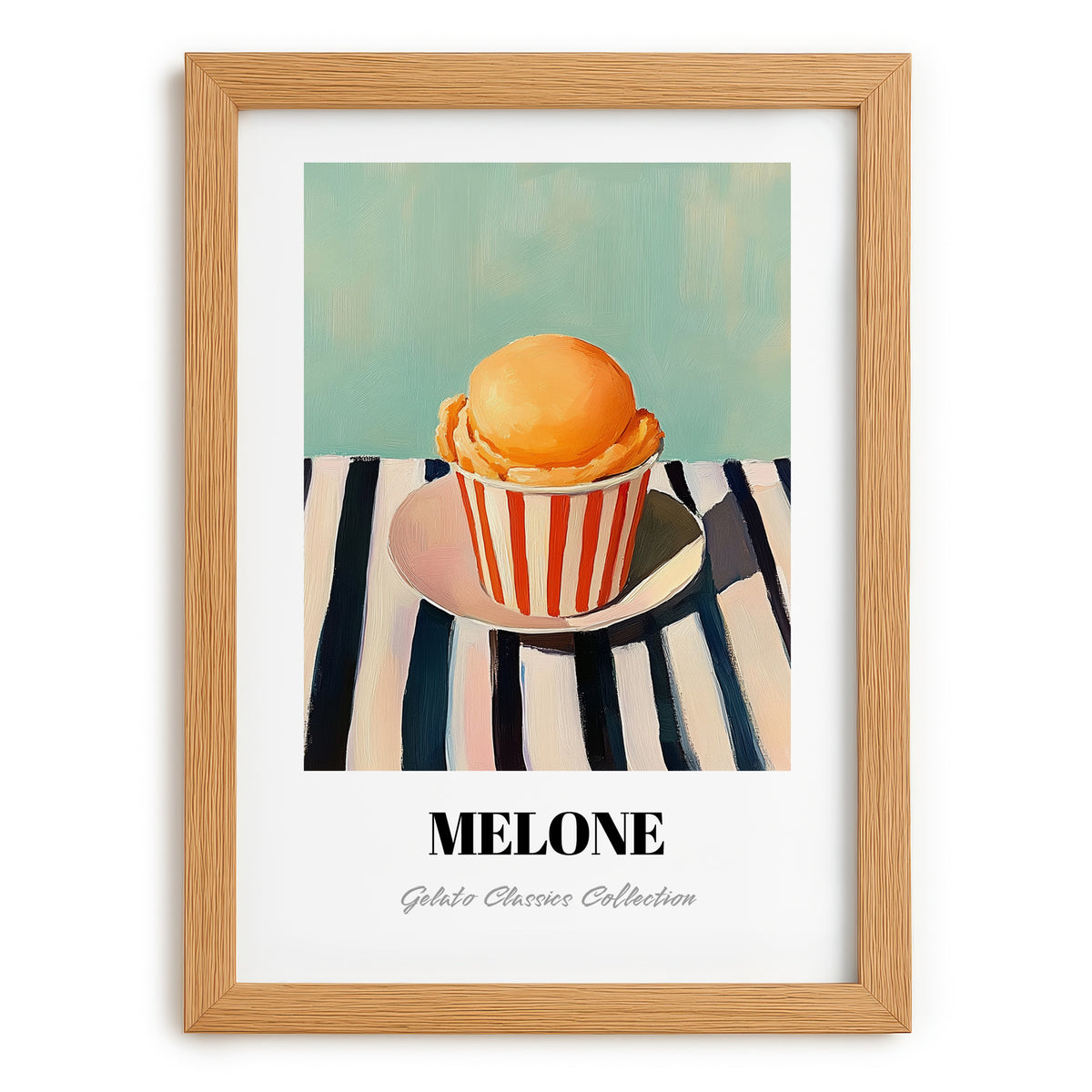 Melone – on Striped Tablecloth, Gelato Wall Decor, set in oak frame