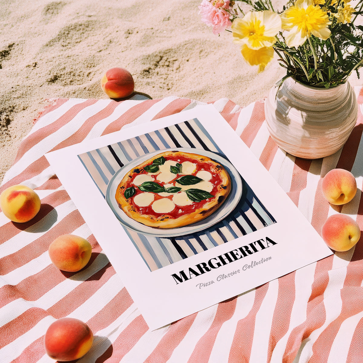 Margherita – on Striped Tablecloth, Gelato Illustration, unframed on coastal sand
