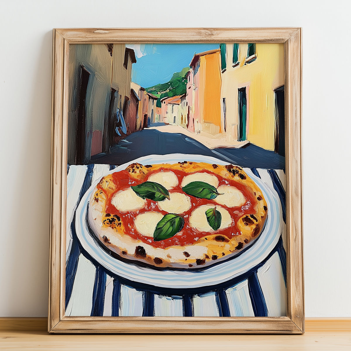 Pizza Margherita – Italian Urban Café Scene, Pizza Still Life, no-text version framed in wood