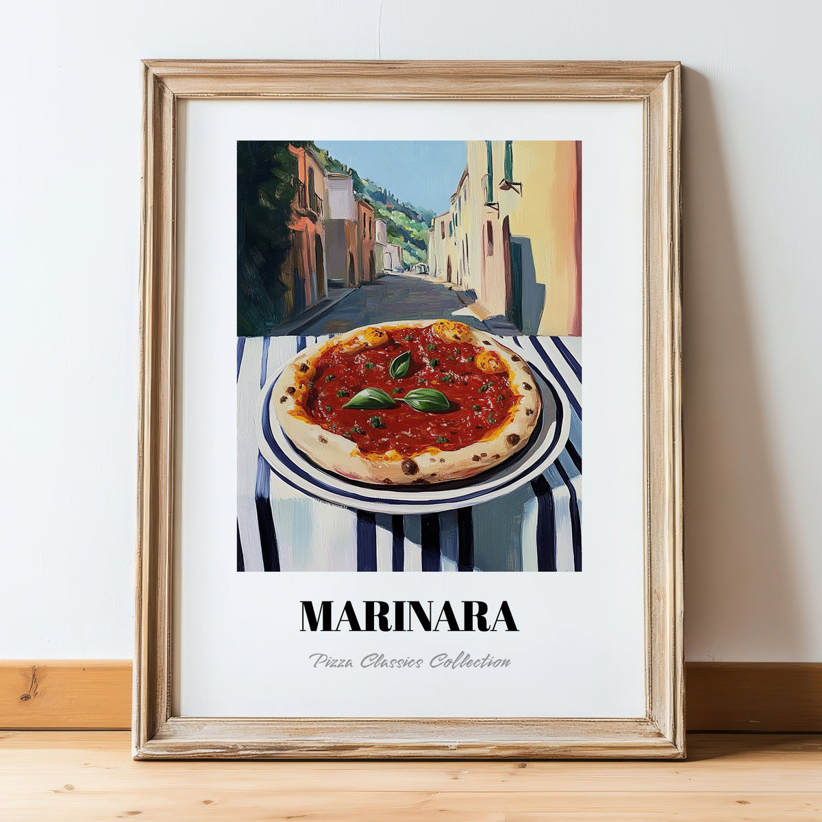Pizza Marinara – Italian Outdoor Café Scene, Pizza Painting, in wooden frame leaning on the floor