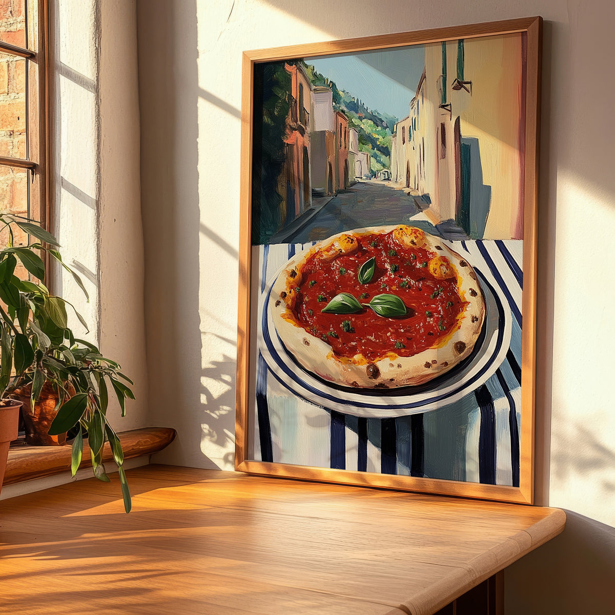 Pizza Marinara – Italian Outdoor Café Scene, Pizza Painting, clean layout with no caption