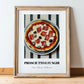 Prosciutto E Funghi – on Striped Tablecloth, Pizza Still Life, in wooden frame leaning on the floor