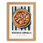 Tonno E Cipolla – on Striped Tablecloth, Pizza Illustration, set in oak frame