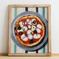 Pugliese – on Striped Tablecloth, Pizza Still Life, no-text version framed in wood