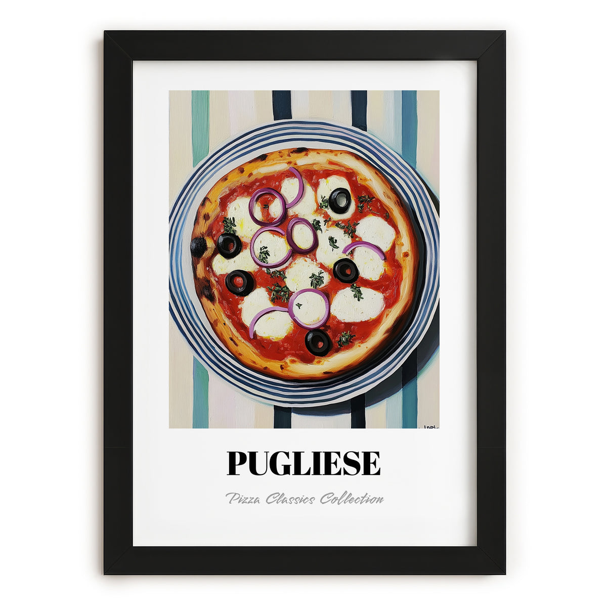 Pugliese – on Striped Tablecloth, Pizza Still Life, in sleek black frame