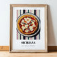Siciliana – on Striped Tablecloth, Pizza Poster, in wooden frame leaning on the floor