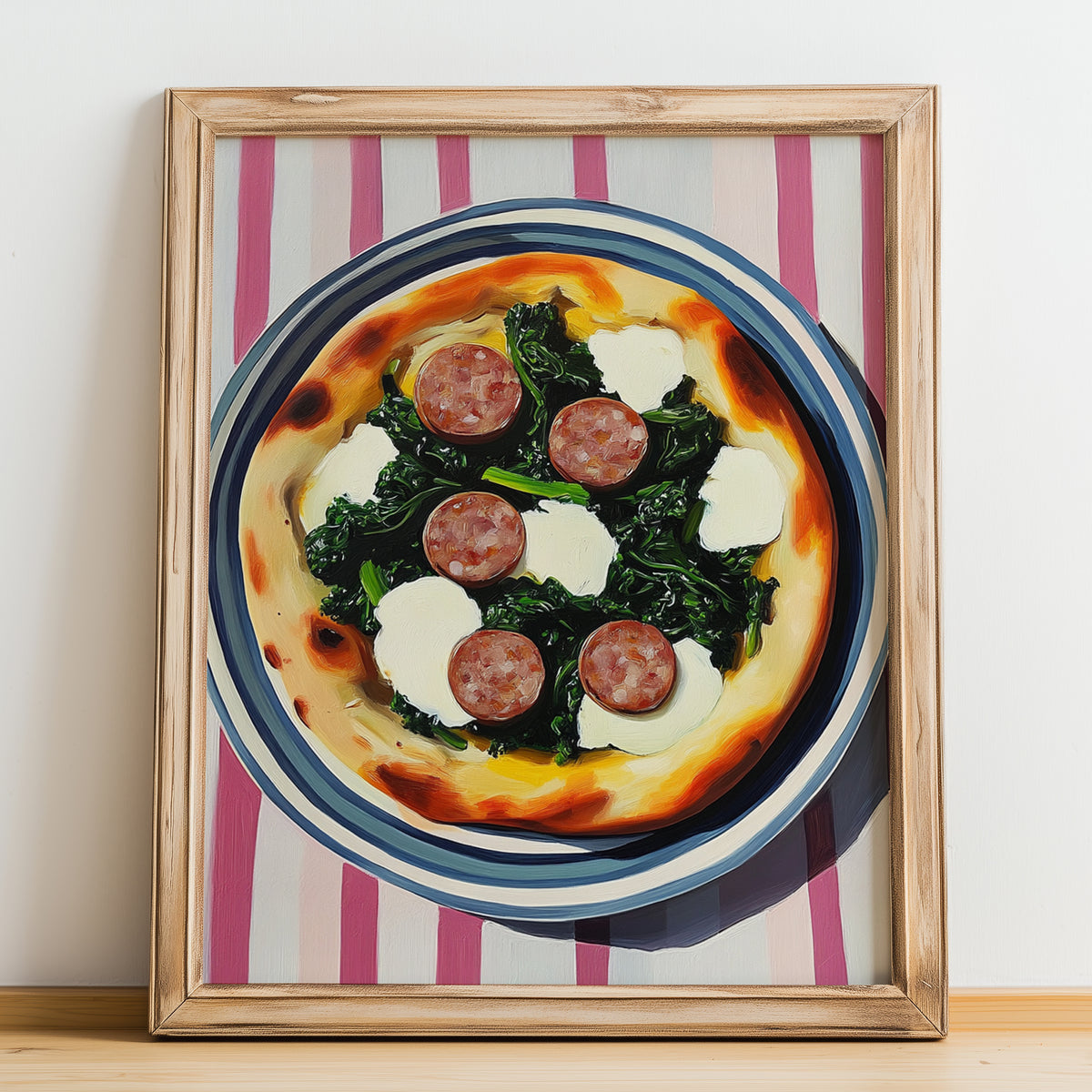 Salsiccia E Friarielli – on Striped Tablecloth, Pizza Still Life, no-text version framed in wood
